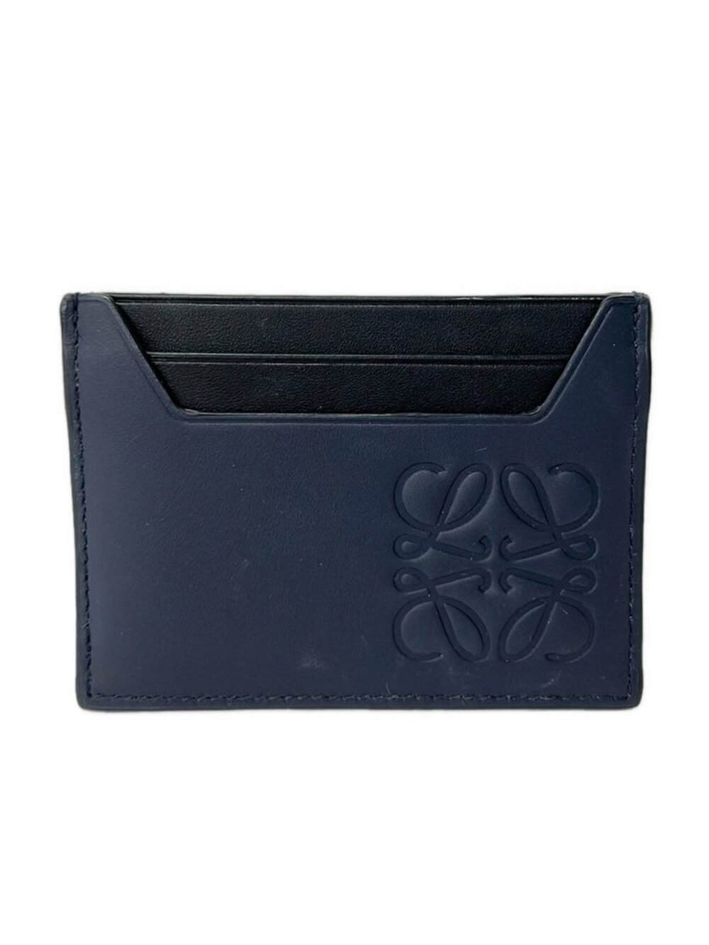 Loewe Card Case Plain Dark Navy Black Embossed Anagram Leather